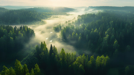 Aerial view of misty morning in the forest. Beautiful summer landscapeの素材