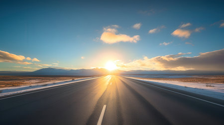 Sunset on the highway in winter, Krasnodar Krai, Russiaの素材