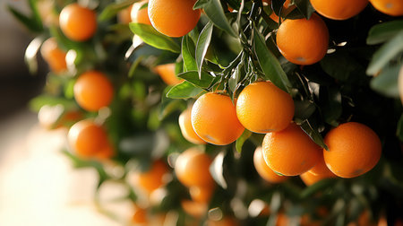Ripe tangerines on tree in orchard, closeupの素材