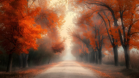 Autumn road with orange trees in the fog. 3d renderの素材