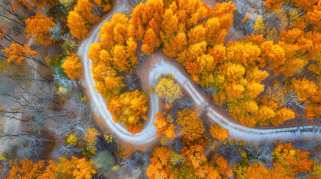 Aerial view of the autumn forest with yellow and orange trees.の素材