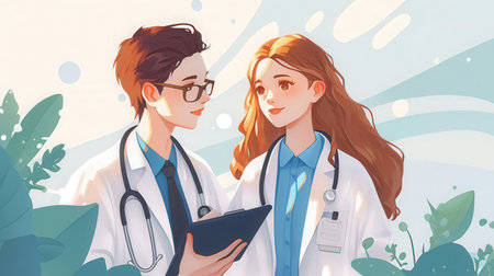 Two female doctors are discussing medical issues in the hospital. Vector illustration.の素材