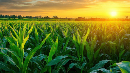 Green corn field at sunset. Agricultural landscape with green corn field.の素材