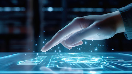 Close up of human hand touching tablet device with blue hologram screenの素材