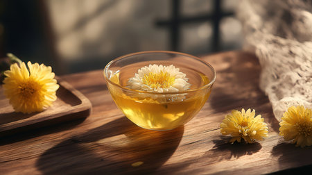 Glass bowl of chrysanthemum tea on wooden table, closeupの素材