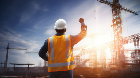 Back view of engineer standing with arms raised on construction site background.の素材