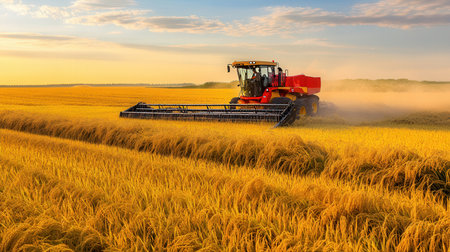 Combine harvester in action on wheat field at sunset.の素材