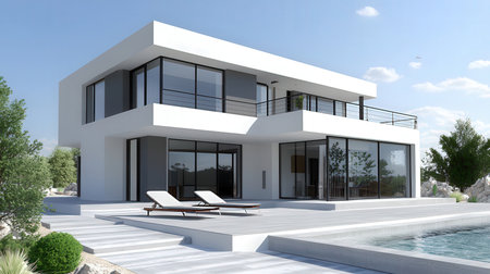 3d rendering of modern cozy house with pool and parking for sale or rentの素材