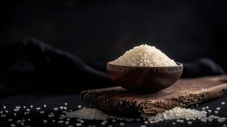 Rice in a wooden bowl on a dark rustic background.の素材