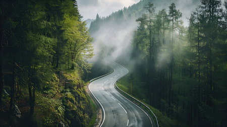 Winding road in the forest with fog in the background. Landscape.の素材