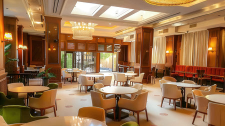 Interior of a hotel restaurant with tables, chairs and chairs.の素材