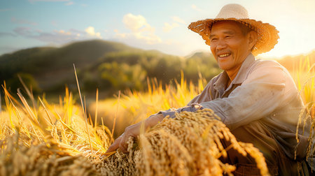 Happy asian farmer in rice field at sunset time. Harvesting conceptの素材