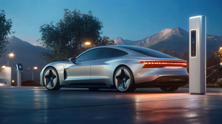 3D rendering of a brand-less generic concept car in a parking lotの素材