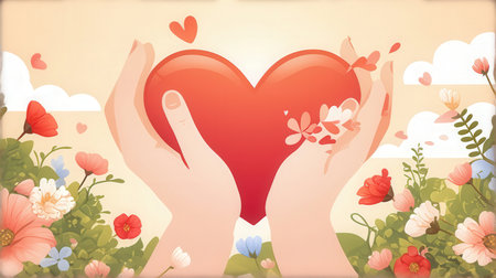 Illustration of hands holding a heart with flowers on the background.の素材