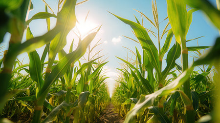 Young corn field with blue sky and sun in the background, agricultural landscape.の素材