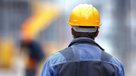 Back view of engineer or architect in hardhat standing at construction siteの素材