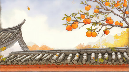Traditional Chinese painting on the wall of an old house in autumn.の素材