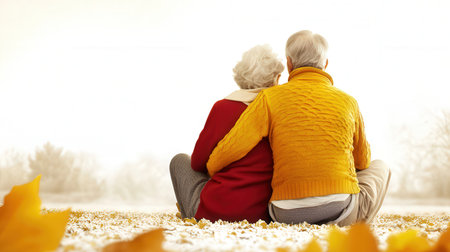 Senior couple sitting on the ground in autumn park, back view.の素材