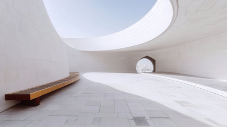 Modern architecture in the form of a tunnel with white walls and floorの素材