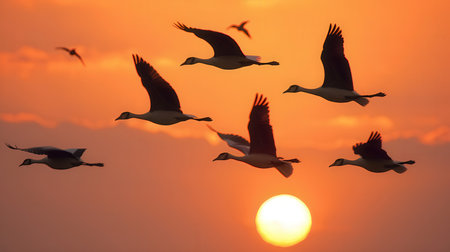 A flock of Canada Geese flying in the sky at sunset.の素材