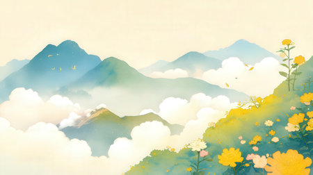 Mountain landscape with flowers. Digital watercolor painting. Vector illustration.の素材