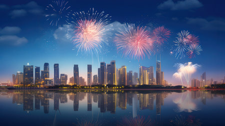 beautiful fireworks in the sky over the cityscape and water reflectionの素材