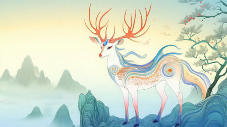 Illustration of a deer with antlers and mountains at the backgroundの素材