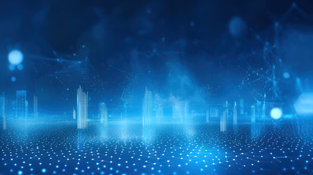 3d illustration of cityscape with skyscrapers and neon lightsの素材