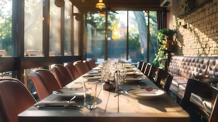 Restaurant interior with table and chairs, shallow depth of fieldの素材