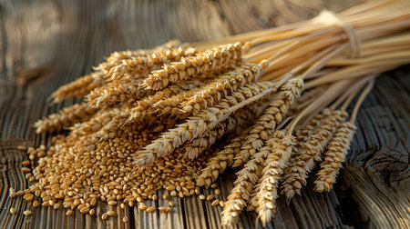 Ears of wheat on a wooden table. Selective focus.の素材