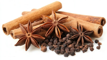 Star anise, cinnamon and black pepper isolated on a white backgroundの素材