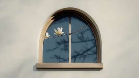 Magnolia flowers in a window on a white wall background. 3d renderの素材