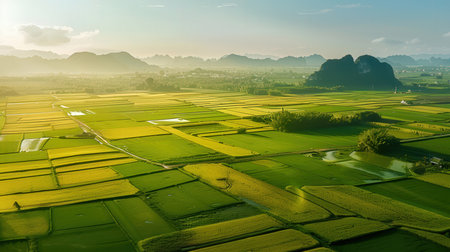Aerial view of rice fields and mountains in the morning, Vang Vieng, Laosの素材