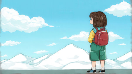 Illustration of a little boy with a backpack looking at the mountainsの素材