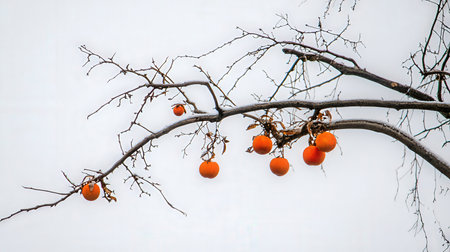 Ripe persimmon on a tree branch on a white backgroundの素材