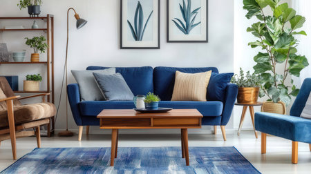 Interior of modern living room with blue sofa, coffee table and plantsの素材