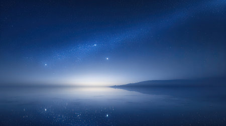 Night sky with stars and milky way over lake. 3d renderの素材