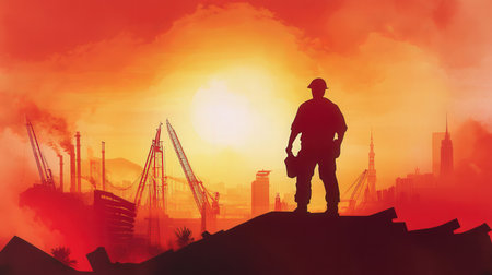 Silhouette of engineer standing on top of the mountain and looking at the city.の素材