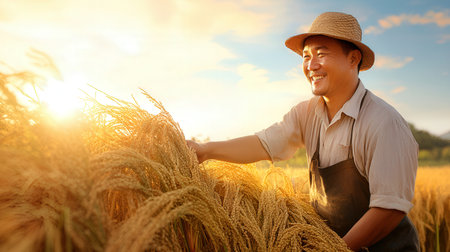 Happy asian farmer in wheat field at sunset. Agriculture and harvest conceptの素材
