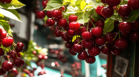 Cherries on the window of a shop in Paris, Franceの素材
