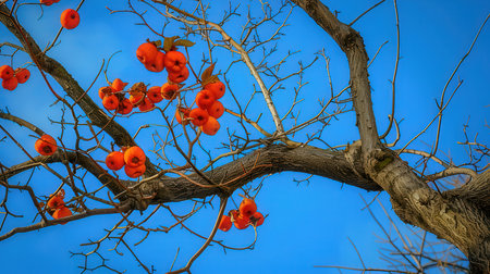 Red rowan berries on a tree against the blue sky in autumnの素材