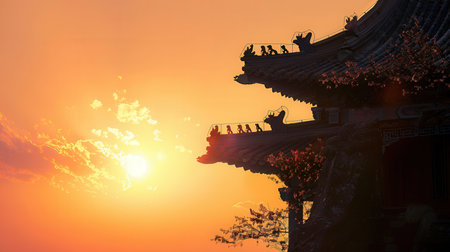 Chinese ancient architecture at sunset, closeup of photo with soft focusの素材