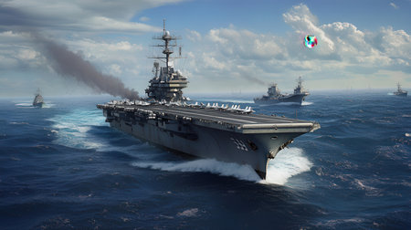 3D Illustration of a warship in the sea with aircraft carrierの素材