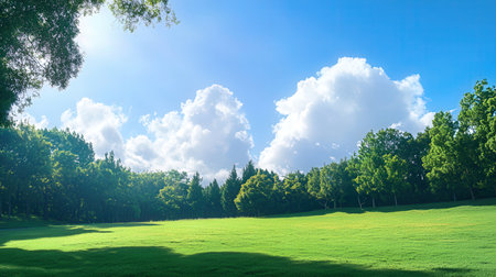 Green meadow with trees and blue sky with clouds. Nature backgroundの素材