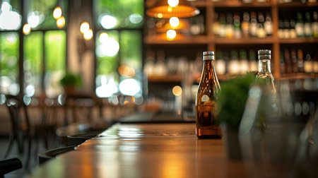 Bottle of beer on the bar counter in a pub or restaurantの素材