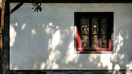 Window in the old Thai style with shadow of tree on the wallの素材