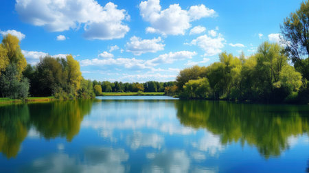 landscape with a lake and trees on a background of blue skyの素材