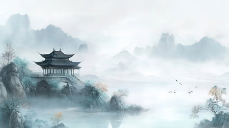 Chinese ancient architecture landscape in the mist. Digital art painting style.の素材