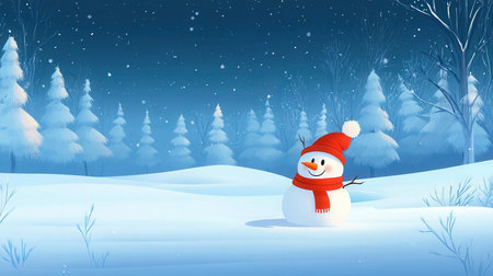 Snowman in winter forest. Christmas and New Year vector illustration.の素材