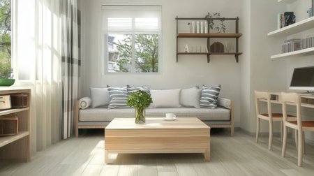 Living room with sofa, coffee table and bookshelf. 3d renderingの素材